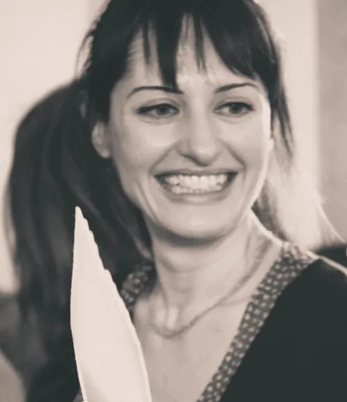 Sepia portrait of smiling Treviso blogger Valentina Facchin