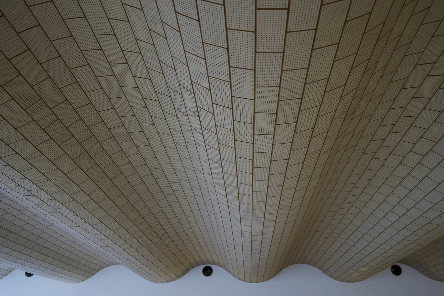 Soffitto curvo rivestito di piastrelle chiare con disegno a raggiera