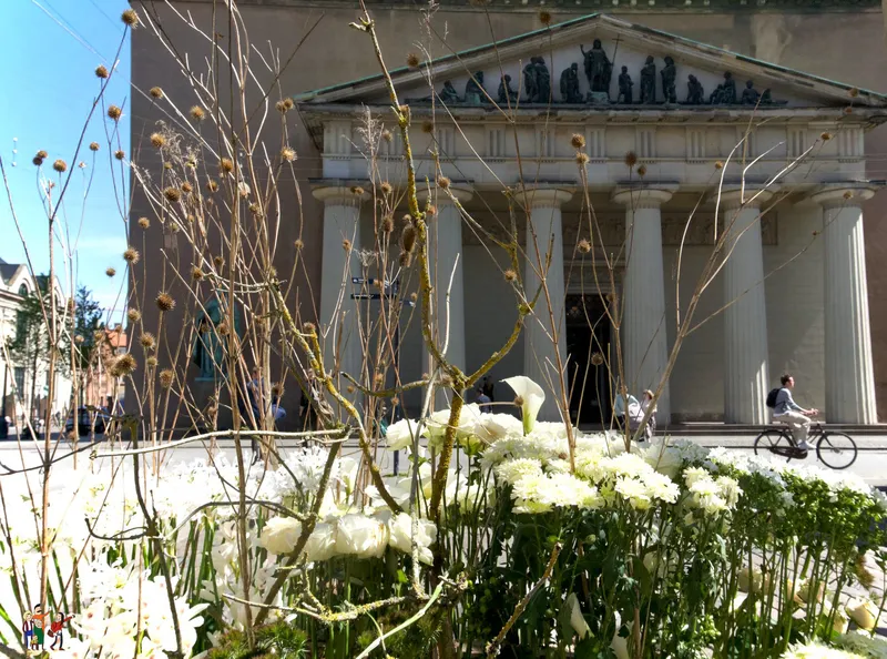 Facciata neoclassica della cattedrale Vor Frue Kirke dietro fiori bianchi e una ciclista