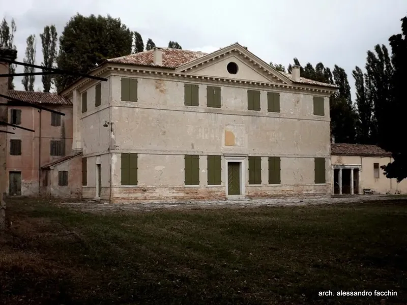 Villa Zeno in Cessalto, Palladian villa with pediment and green shutters among poplars